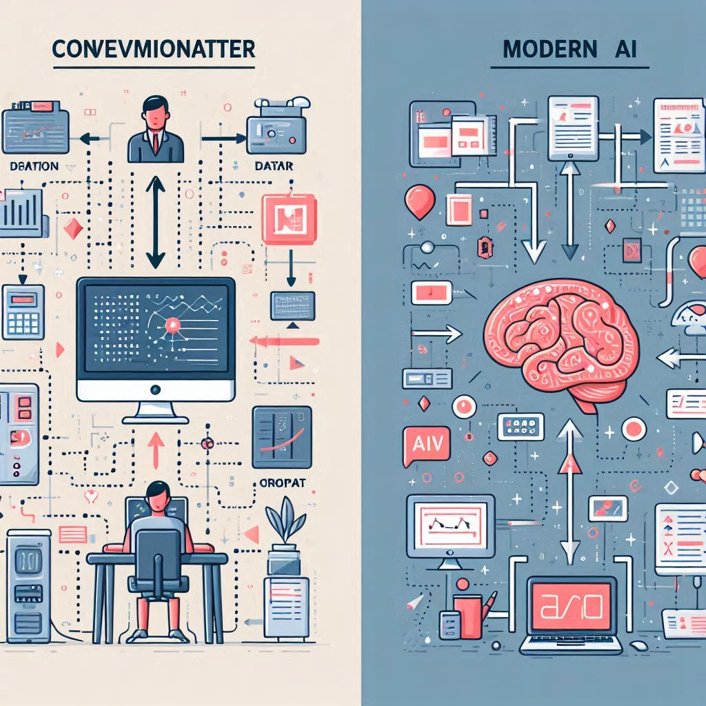 従来のコンピューターとAIの学習方法の比較