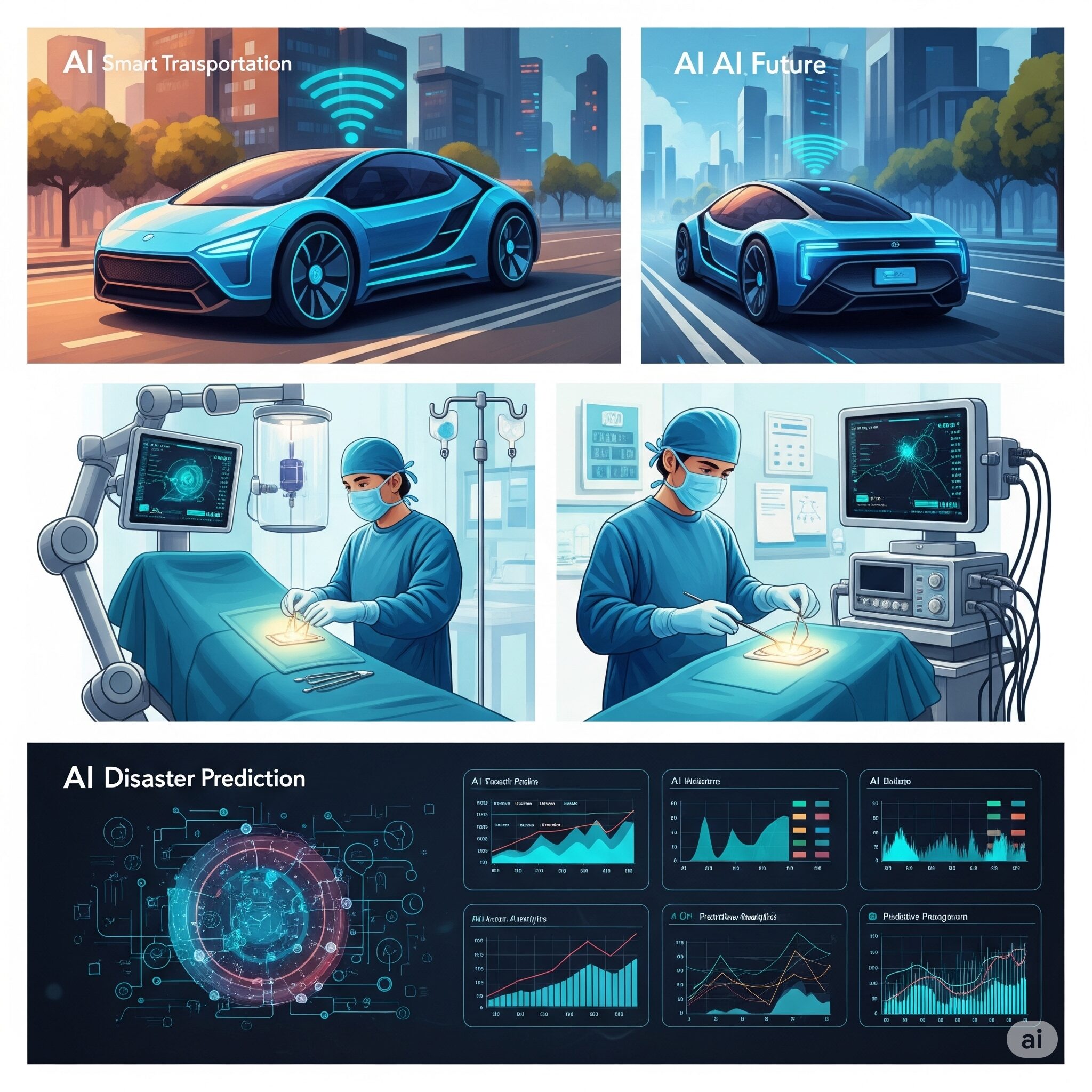 自動運転、医療、災害予測などAIの未来応用例のイラスト