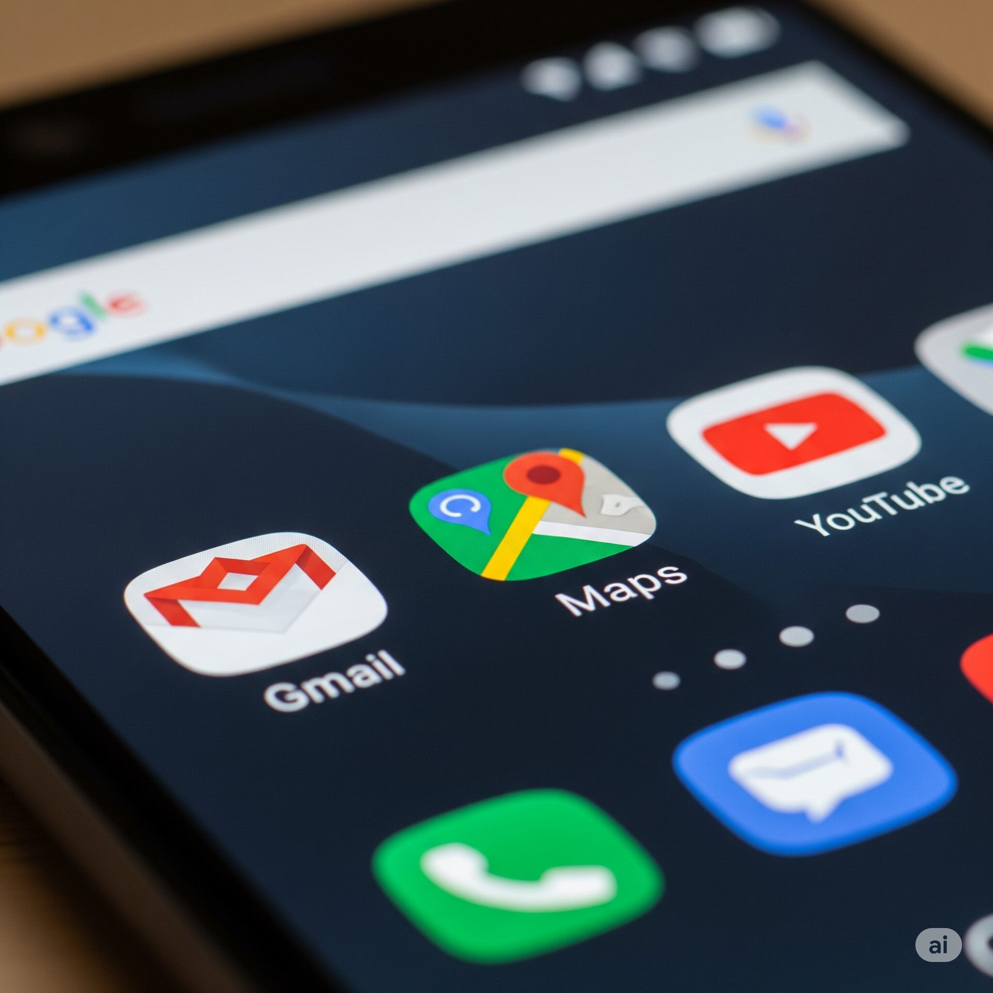 スマートフォンに表示されたGoogleサービスのアイコン（Gmail, マップ, YouTube）
