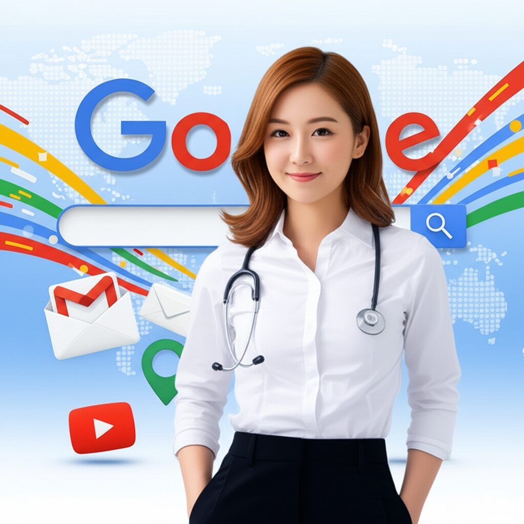 Googleの検索、Gmail、YouTube、マップ、AIロボットが集まるイラスト