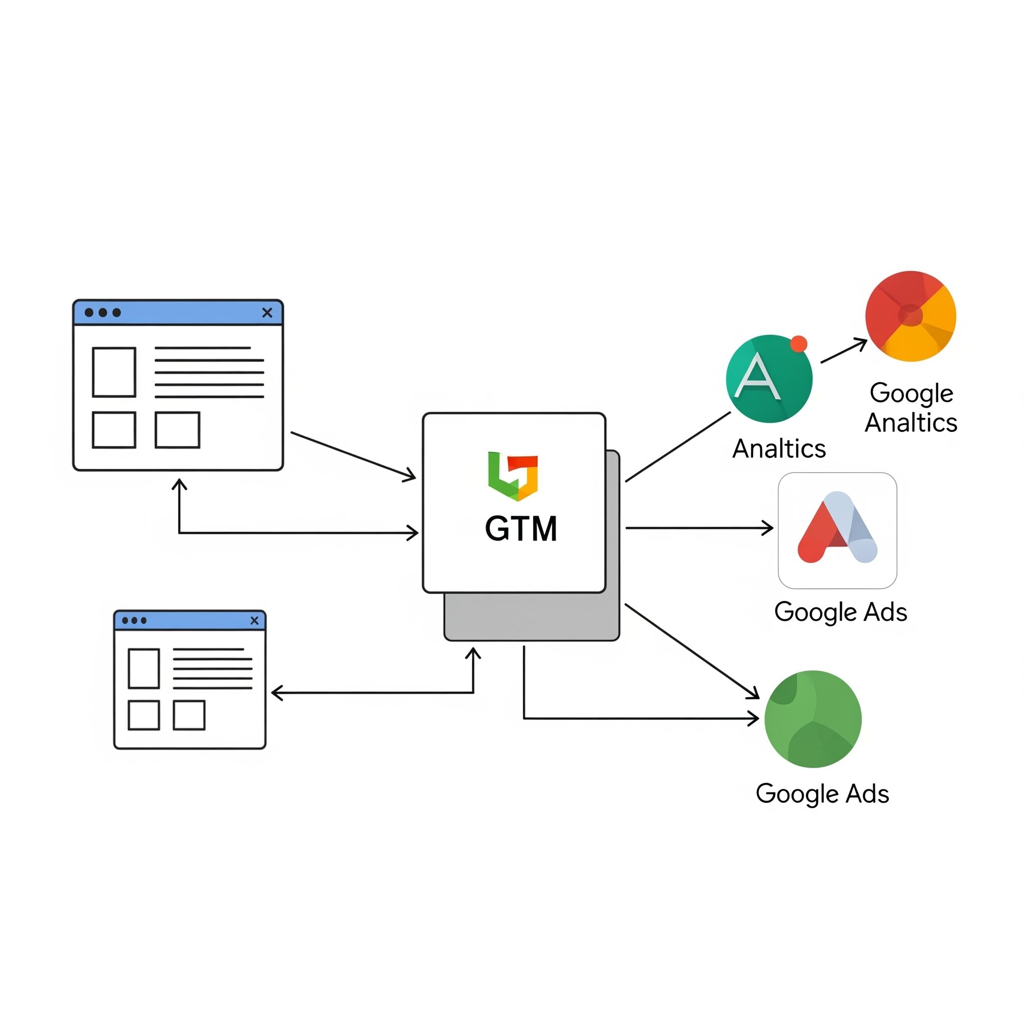 Googleタグマネージャーの概念図：ウェブサイトと分析ツールや広告ツールとの間にGTMの箱があるイメージ
