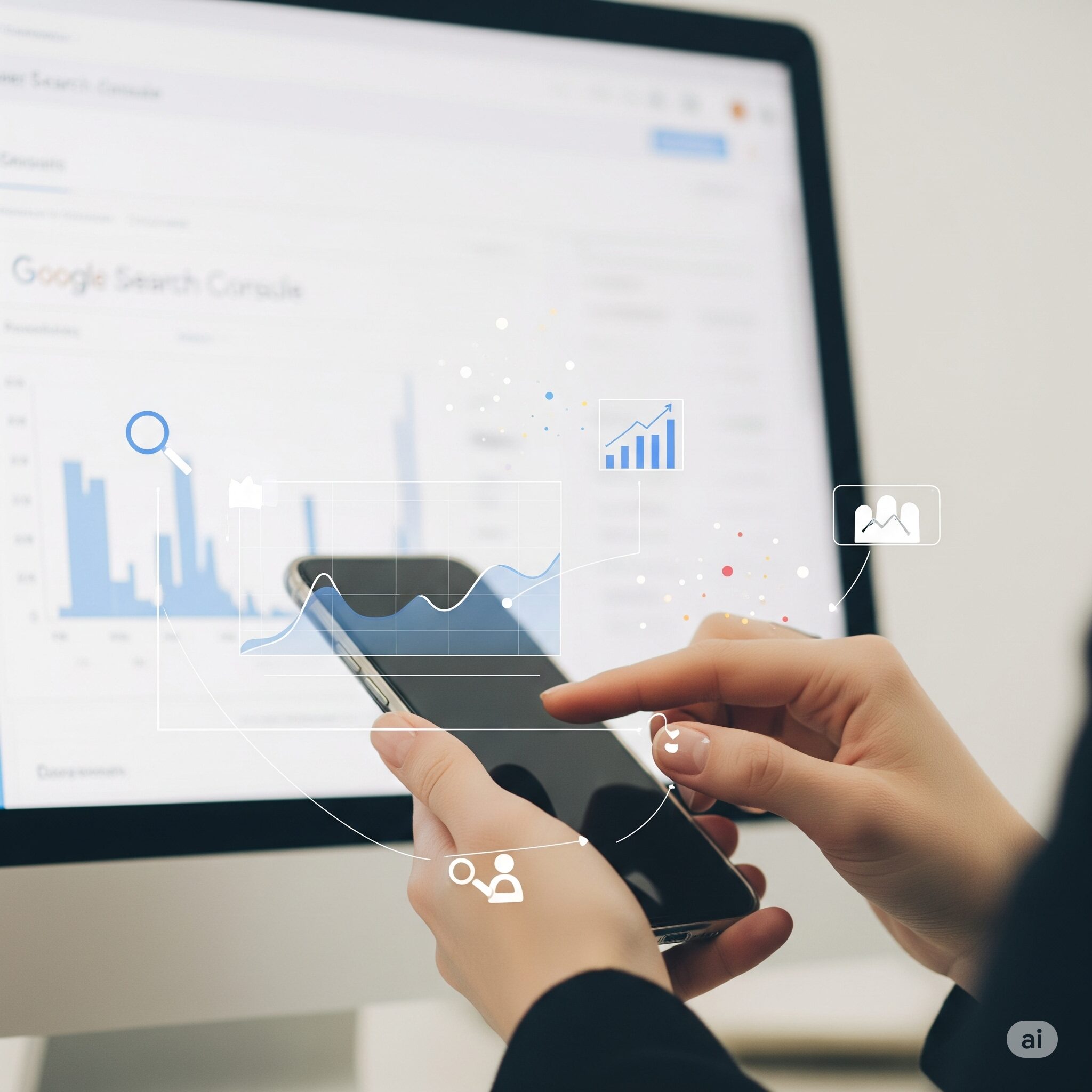 Google Search Consoleの画面とスマートフォンを使用する人物のイメージ