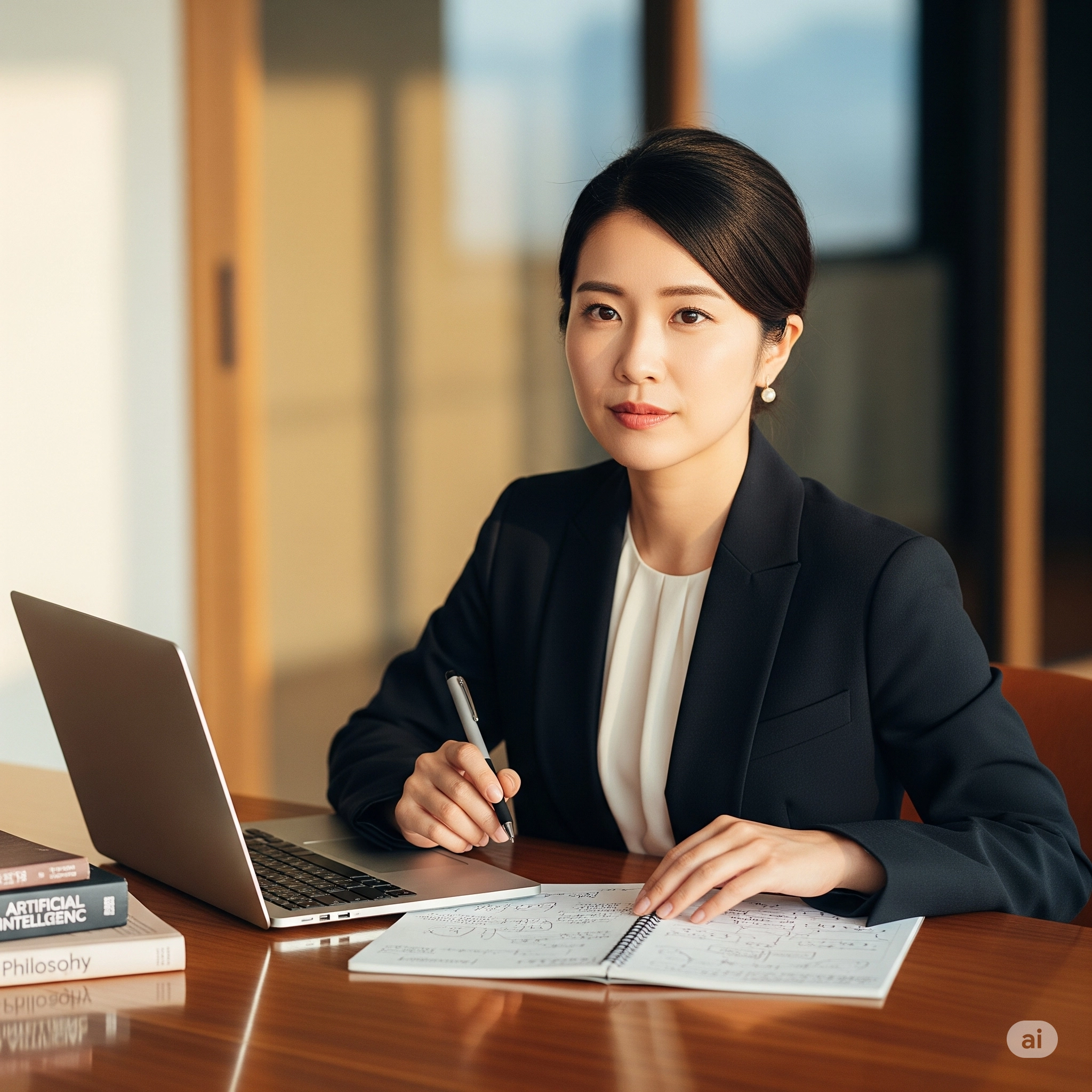 AIの倫理と未来について真剣に考えを巡らす、穏やかな雰囲気の日本人女性