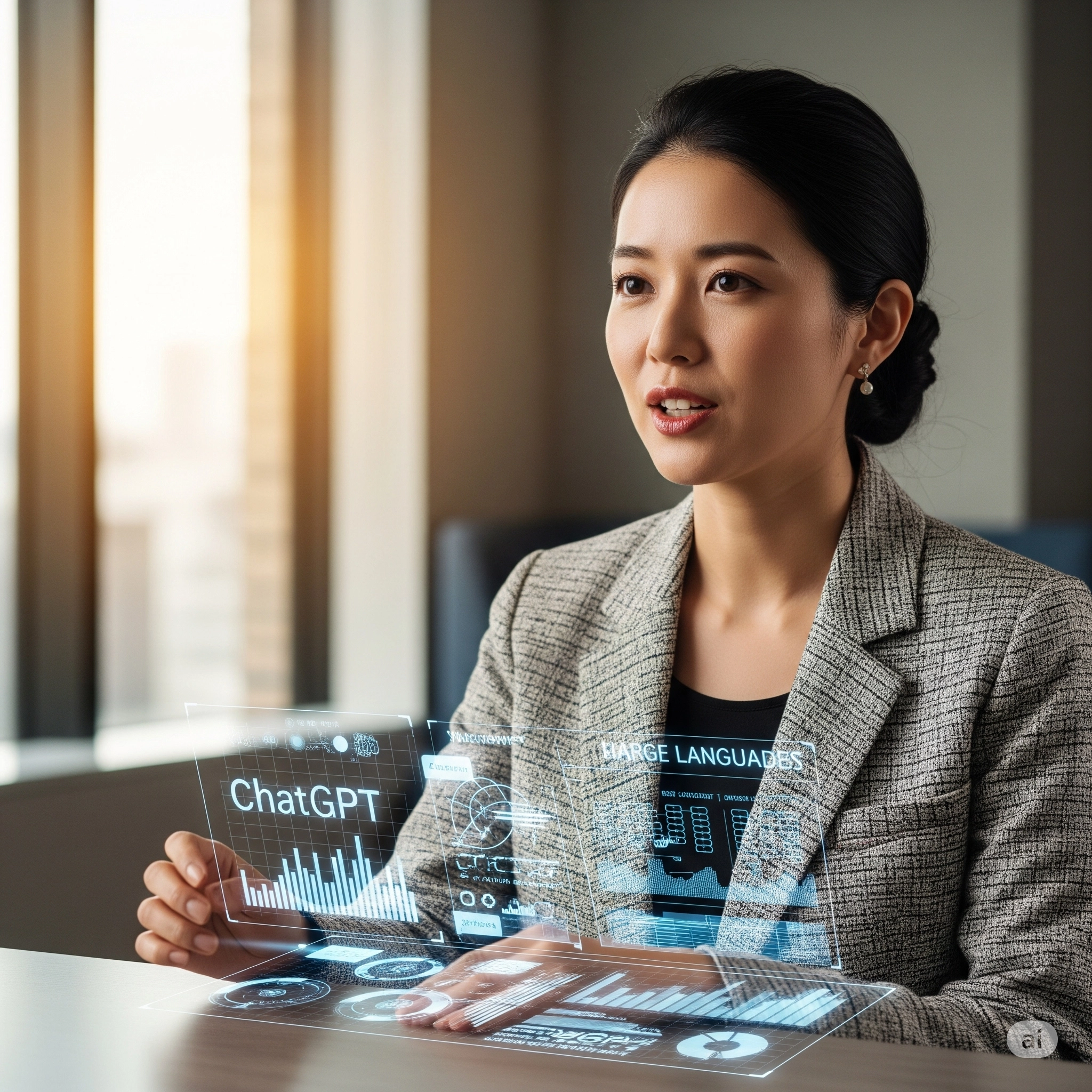 ChatGPTの未来を語る、エレガントな日本人女性のポートレート
