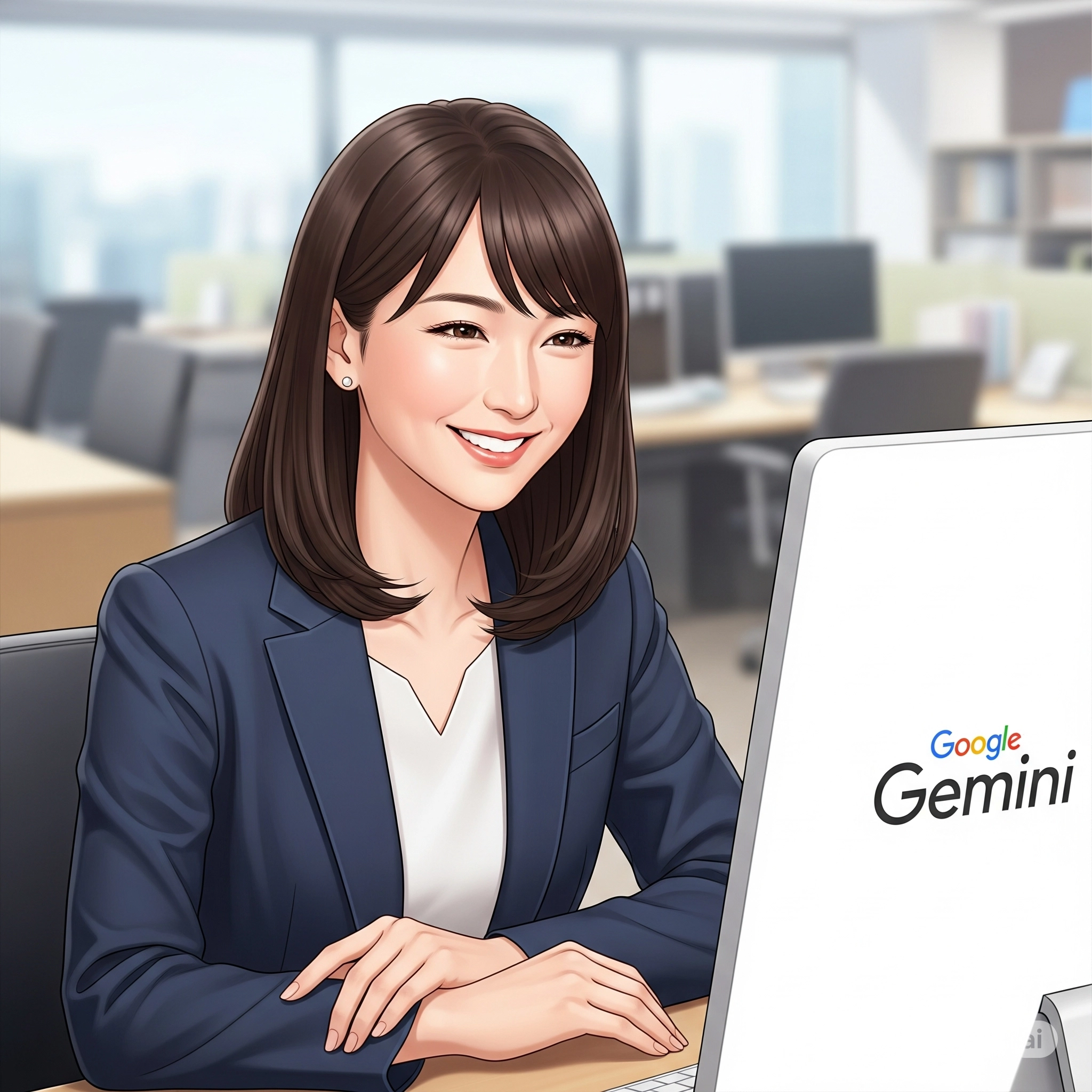 オフィスでPC画面に表示されたGeminiのロゴを見て微笑む、プロフェッショナルな雰囲気の女性